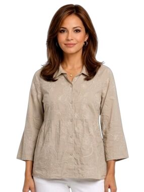 JH Collectibles Toupe Floral Embroidered 3/4 Sleeve Button Down Blouse Size L